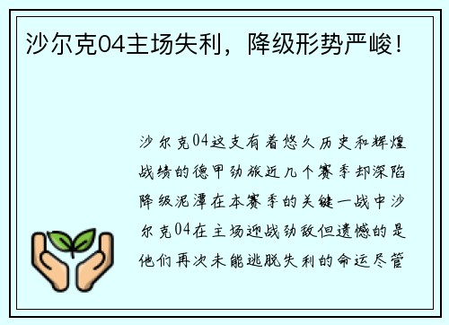 沙尔克04主场失利，降级形势严峻！