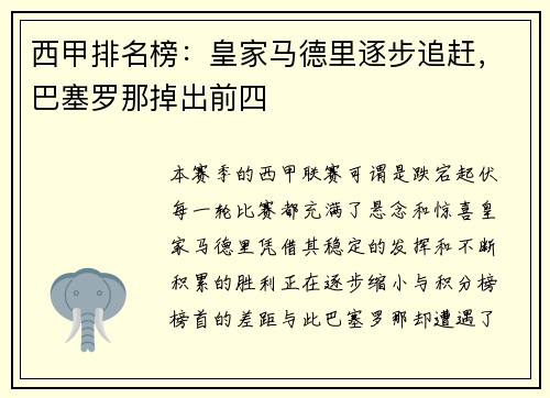 西甲排名榜：皇家马德里逐步追赶，巴塞罗那掉出前四